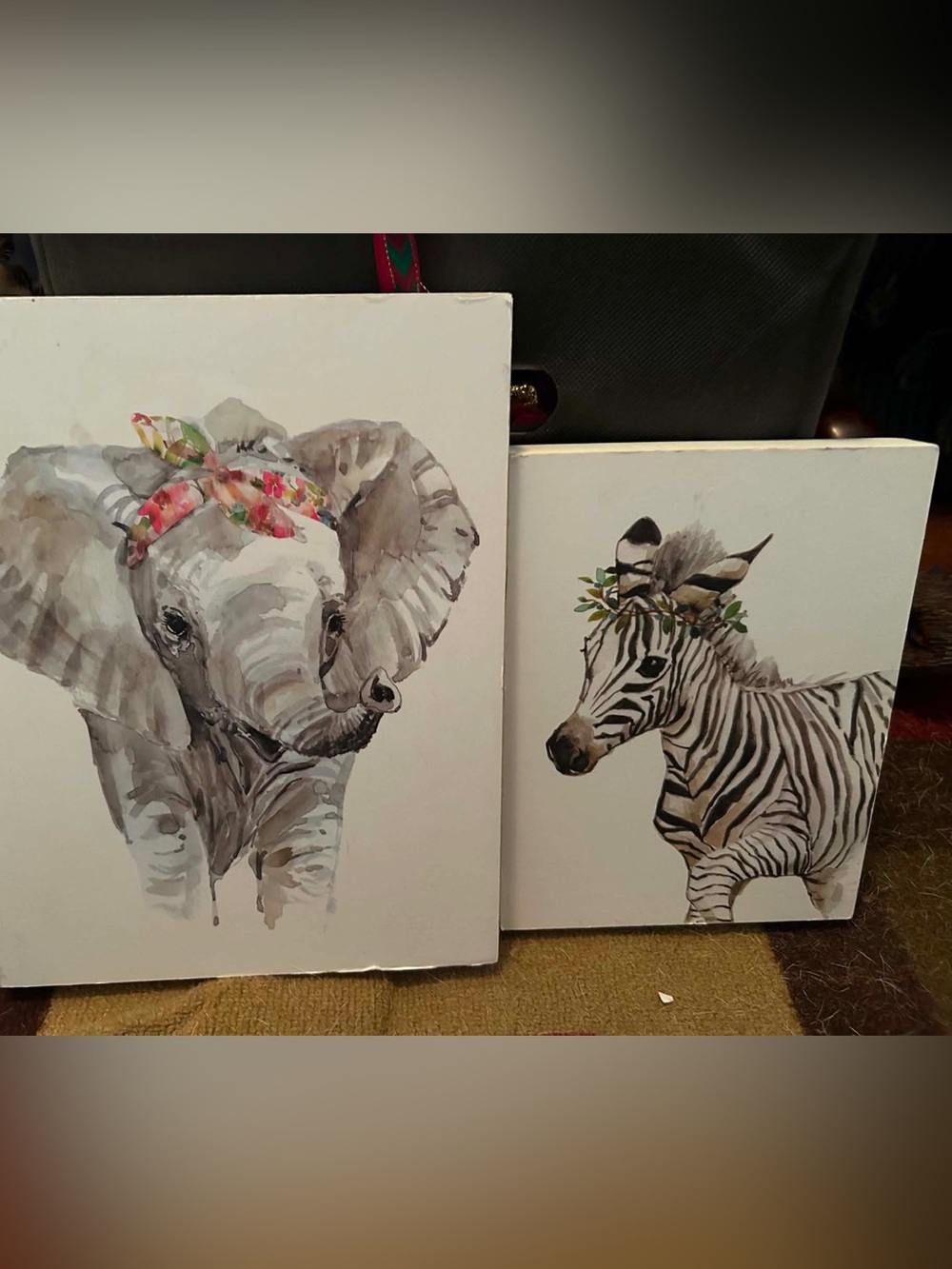 Neutral Elephant and Zebra Canvas Art Set in Gray